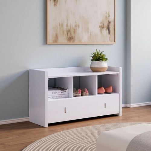 Beak Shoe Bench, 3 Open Shelves, 1 Drawer, 34" White Finish By Casagear Home