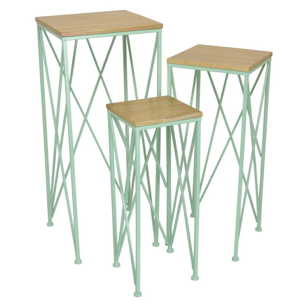 Mito 3pc Nesting Plant Stand Table, Brown Wood, X Cross Green Metal