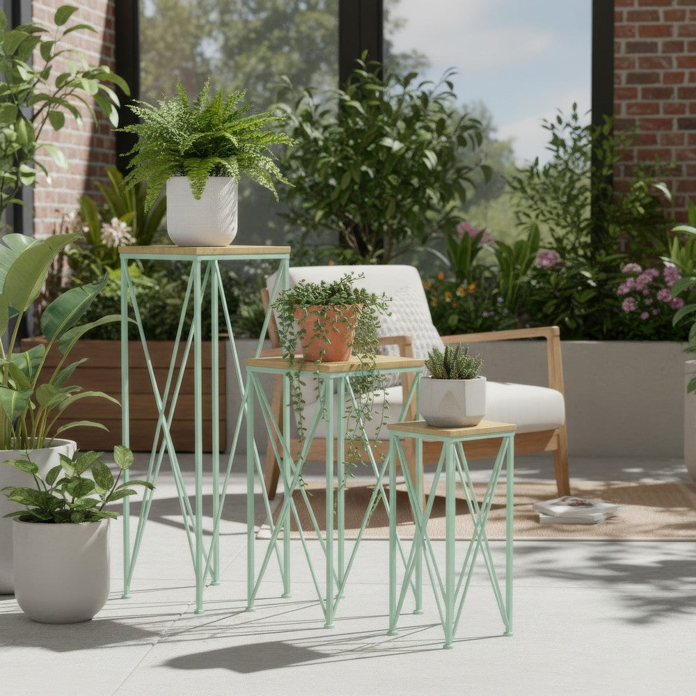 Mito 3pc Nesting Plant Stand Table, Brown Wood, X Cross Green Metal