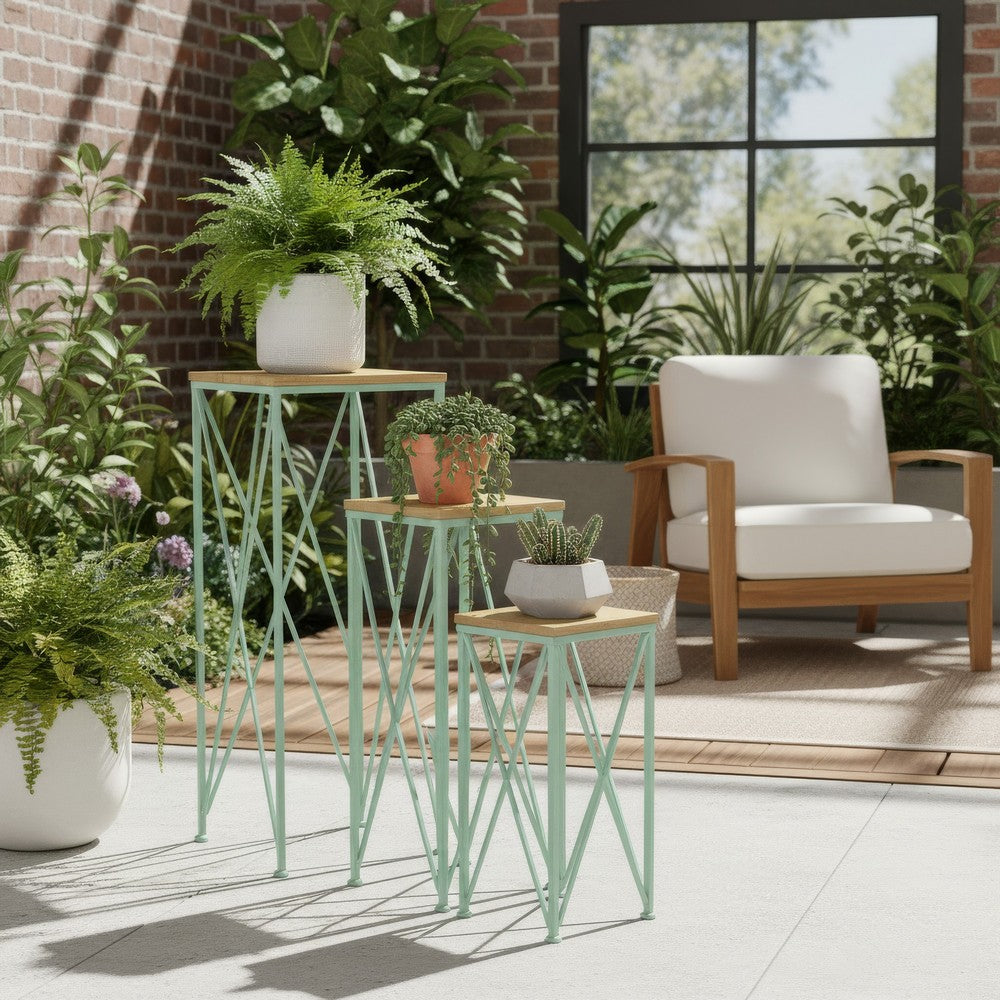 Mito 3pc Nesting Plant Stand Table, Brown Wood, X Cross Green Metal