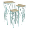 Mito 3pc Nesting Plant Stand Table, Brown Wood Top, X Cross Blue Metal