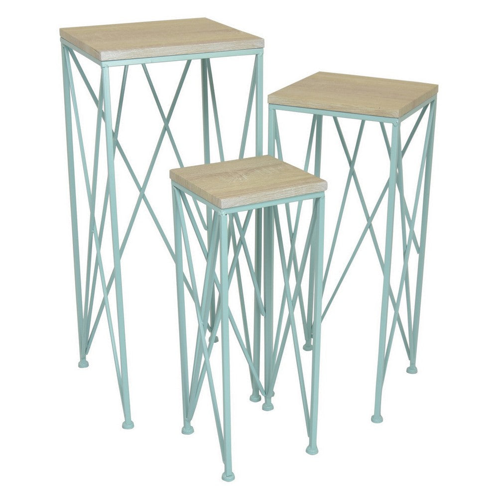 Mito 3pc Nesting Plant Stand Table, Brown Wood Top, X Cross Blue Metal