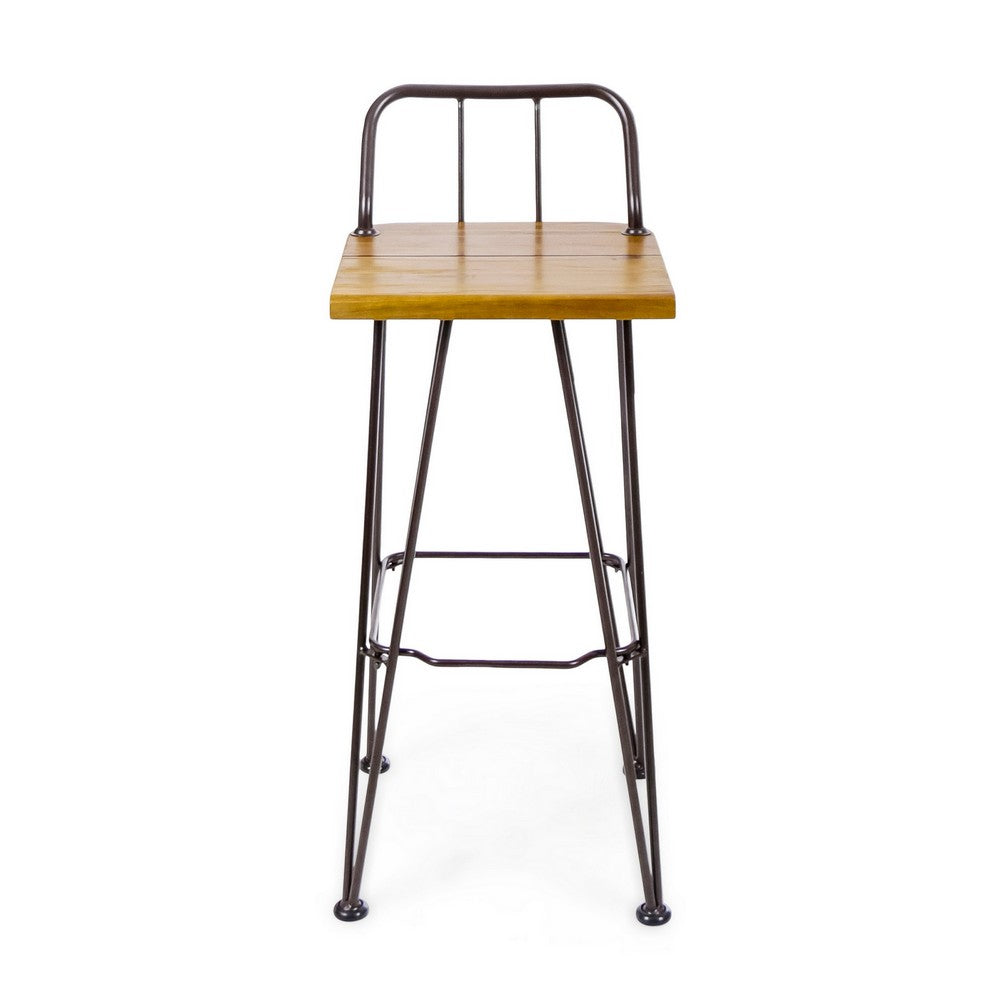 Rih Barstool Low Back Chair Set of 2, Black Metal, Brown Acacia Wood