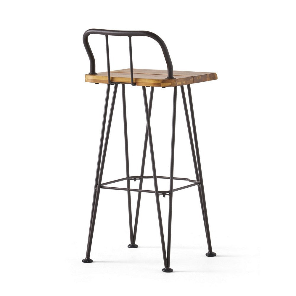 Rih Barstool Low Back Chair Set of 2 Black Metal Brown Acacia Wood BM324321