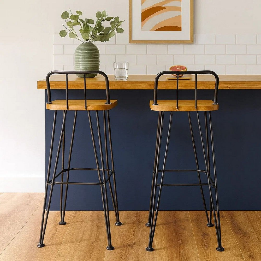 Rih Barstool Low Back Chair Set of 2, Black Metal, Brown Acacia Wood