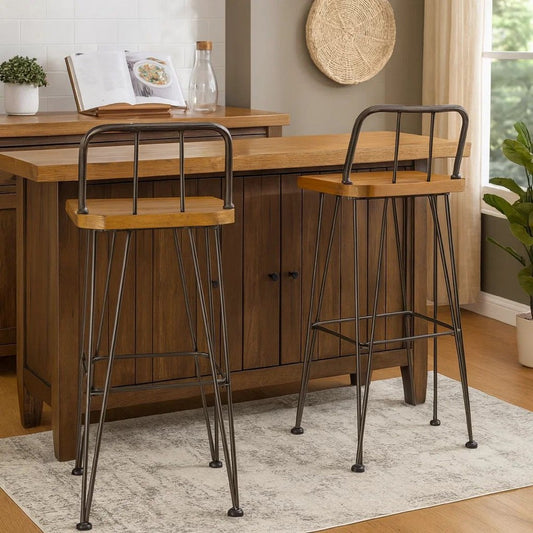 Rih Barstool Low Back Chair Set of 2, Black Metal, Brown Acacia Wood