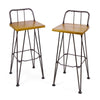 Rih Barstool Low Back Chair Set of 2, Black Metal, Brown Acacia Wood