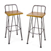 Rih Barstool Low Back Chair Set of 2, Black Metal, Brown Acacia Wood