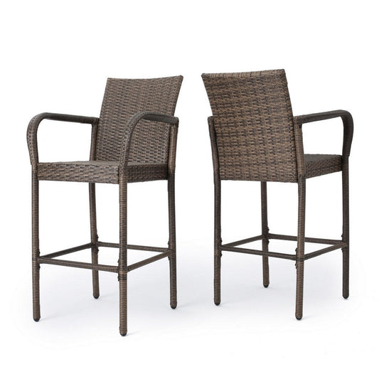 Drip Outdoor Barstool Chair Set of 2, Brown PE Rattan Woven and Iron