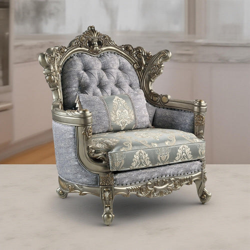 Royale Accent Chair, 1 Pillow, Gray Fabric, Antique Bronze Wood Frame