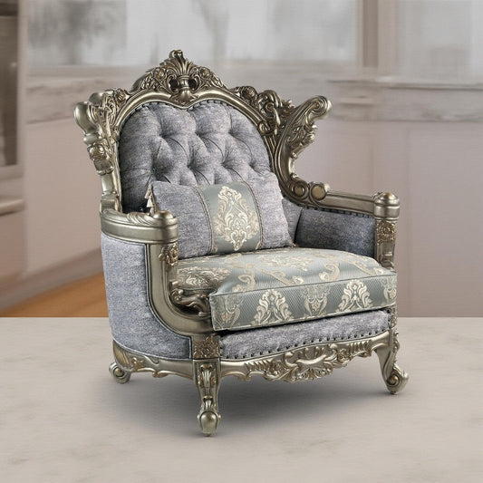 Royale Accent Chair, 1 Pillow, Gray Fabric, Antique Bronze Wood Frame