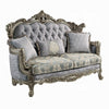 Royale Loveseat, 3 Accent Pillows, Gray, Antique Bronze Wood 73"