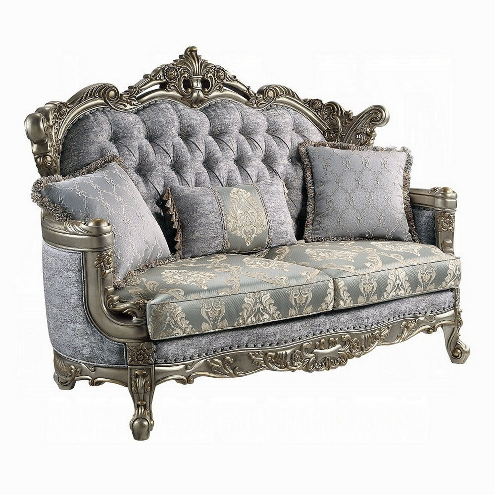 Royale Loveseat, 3 Accent Pillows, Gray, Antique Bronze Wood 73"