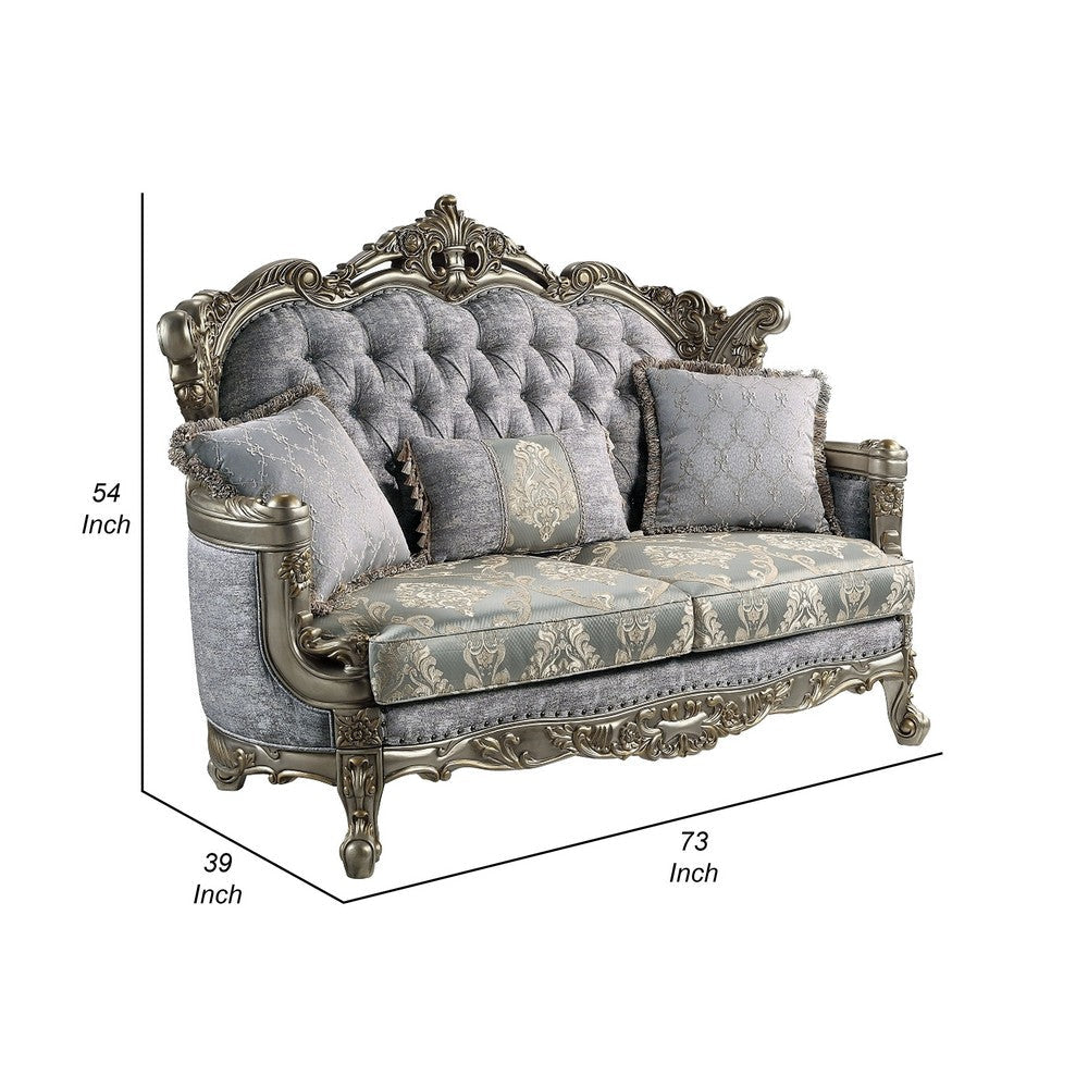 Royale Loveseat 3 Accent Pillows Gray Antique Bronze Wood 73’’ BM324333