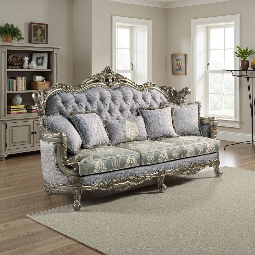 Royale Sofa, 5 Accent Pillows, Gray Fabric, Antique Bronze Wood, 91"