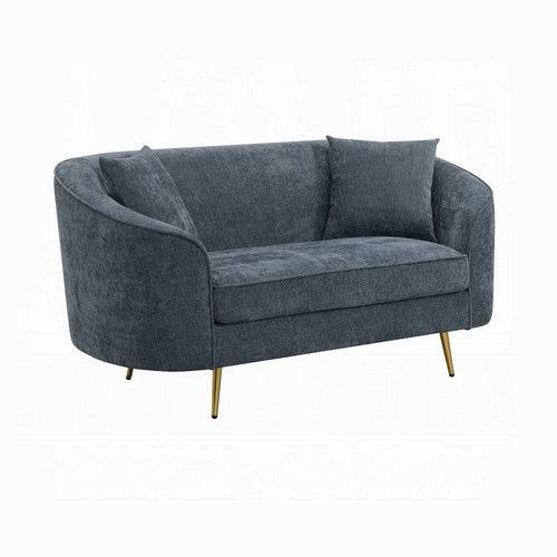 Kenny Loveseat, 2 Pillows, Cobalt Blue Chenille, Gold Metal Legs, 61"