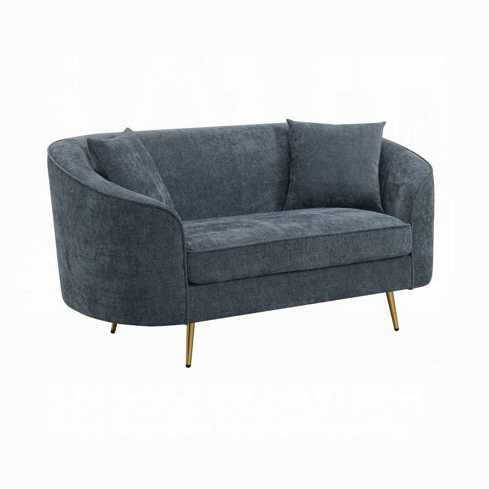 Kenny Loveseat, 2 Pillows, Cobalt Blue Chenille, Gold Metal Legs, 61"