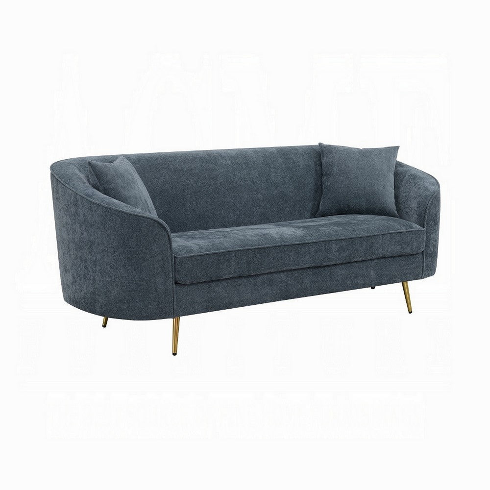 Kenny Sofa with 2 Pillows, Cobalt Blue Chenille, Gold Metal Legs, 77"