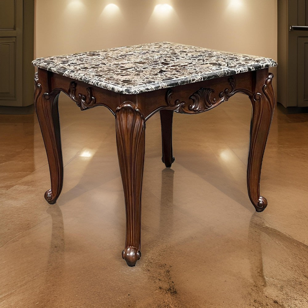 Aliya Side End Table, Rectangular 28" Marble Top, Cherry Brown Wood