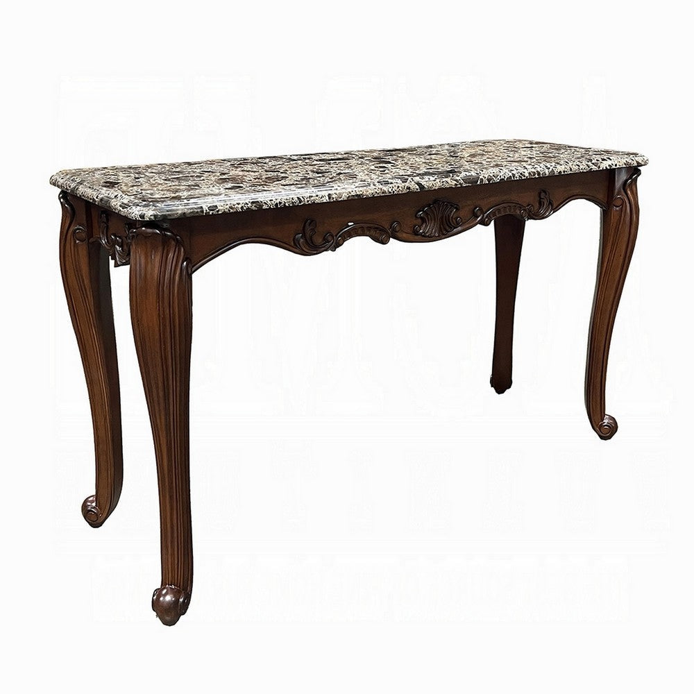 Aliya Sofa Table, Rectangular 52" Marble Top, Cherry Brown Wood