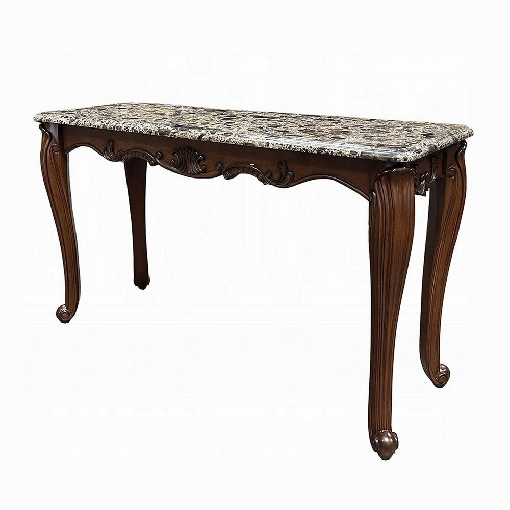 Aliya Sofa Table Rectangular 52’’ Marble Top Cherry Brown Wood BM324341