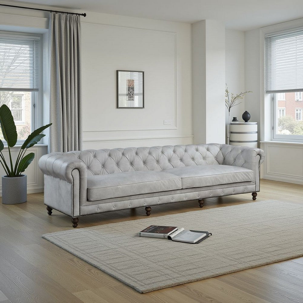 Ferry 122" Chesterfield Sofa, Off White Tufted Top Grain Leather