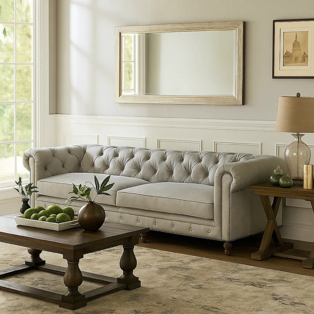 Ferry 122" Chesterfield Sofa, Off White Tufted Top Grain Leather