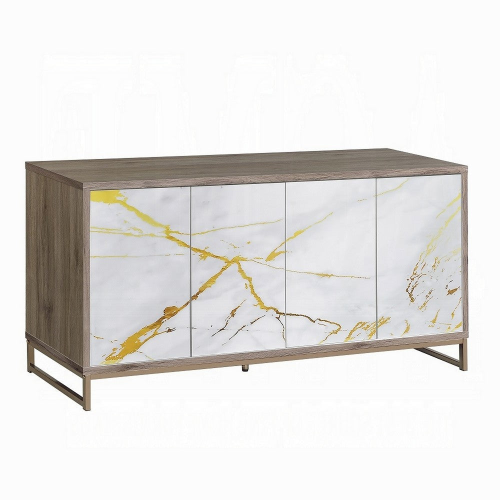 Avia Sideboard Console Cabinet, White Marble Look, 4 Doors, Brown 65"
