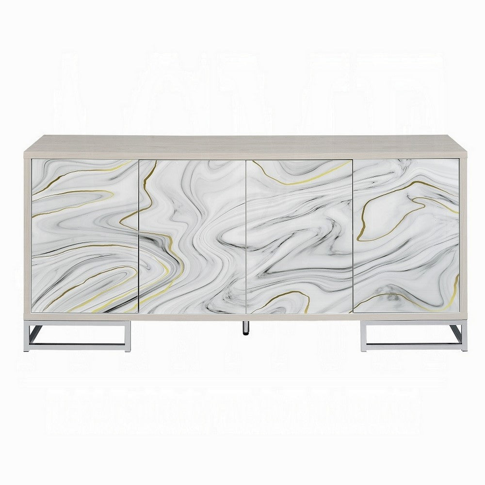Anok Sideboard Console Cabinet White Marble Look Chrome Metal 65’’ BM324347