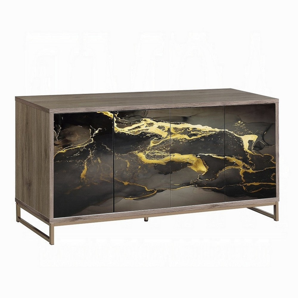 Loila Sideboard Console Cabinet, Black Marble Look, Brown Wood, 65"