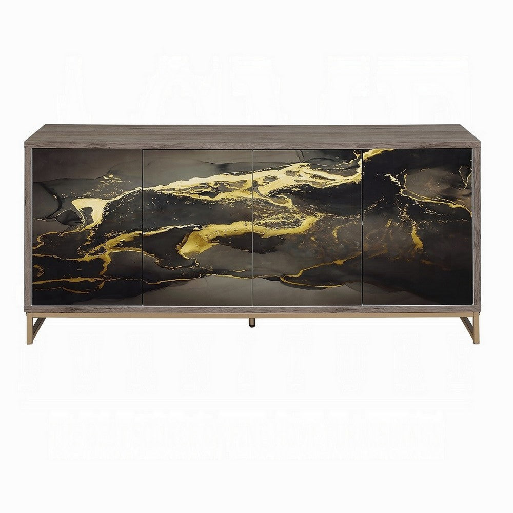 Loila Sideboard Console Cabinet Black Marble Look Brown Wood 65’’ BM324348