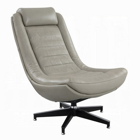 Siro Swivel Accent Chair, Gray Top Grain Leather, Foam Padding, Metal