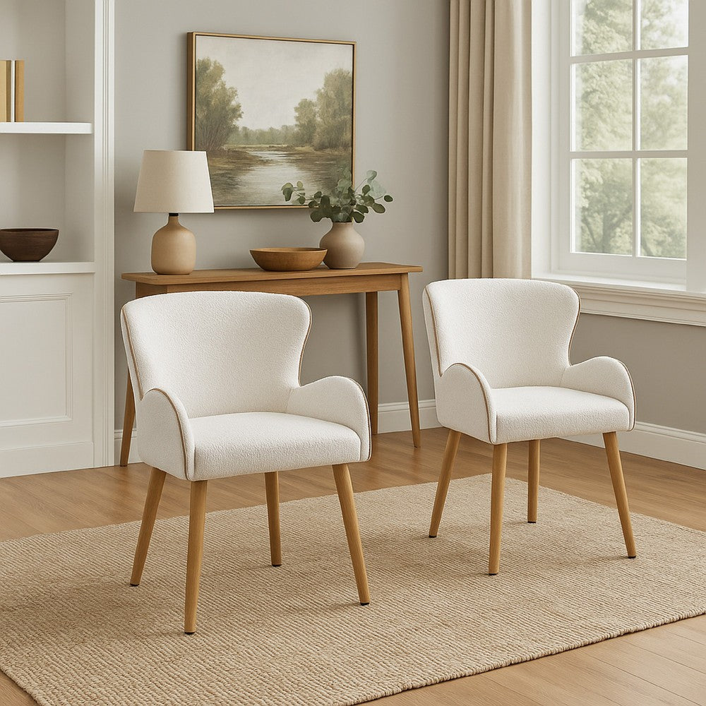 Willy Side Chair Set of 2, White Boucle, Soft Padding, Brown Wood Legs