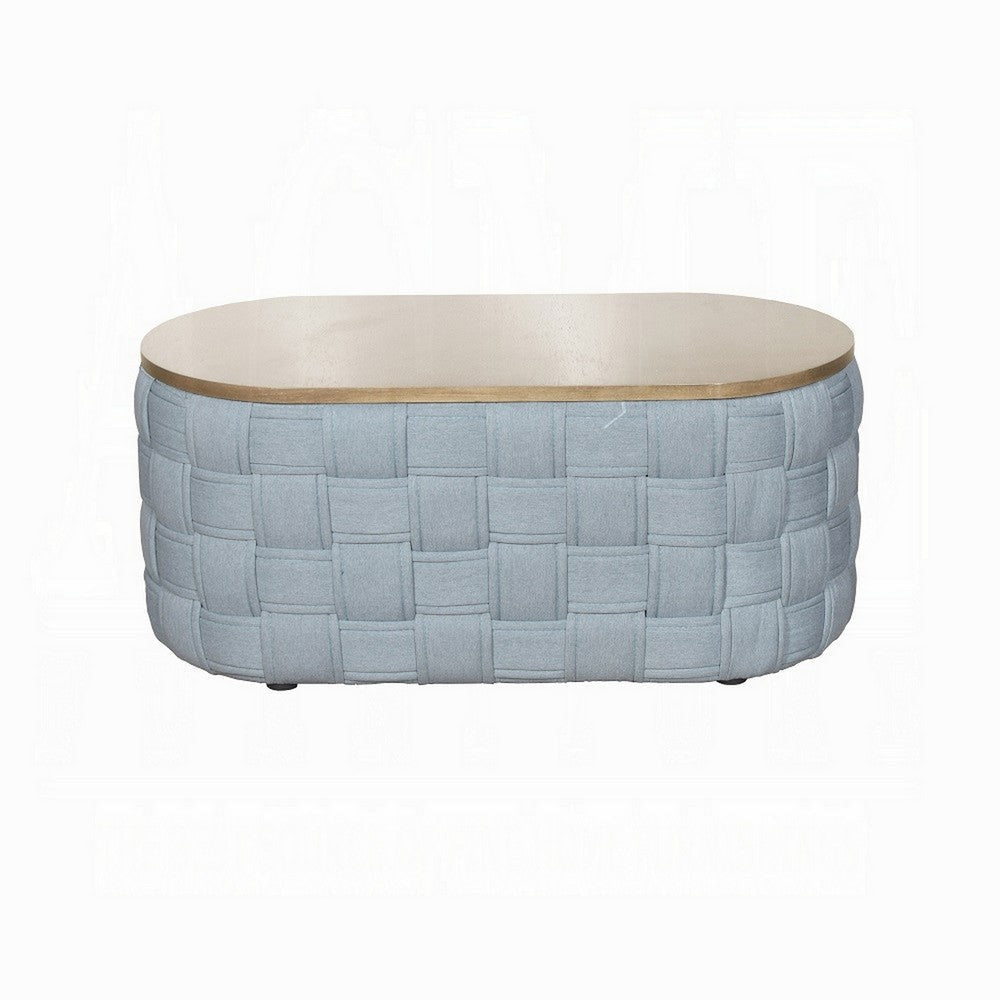 Reah Coffee Table Knitted Light Blue Chenille Fabric Brown Wood 41’’ BM324356