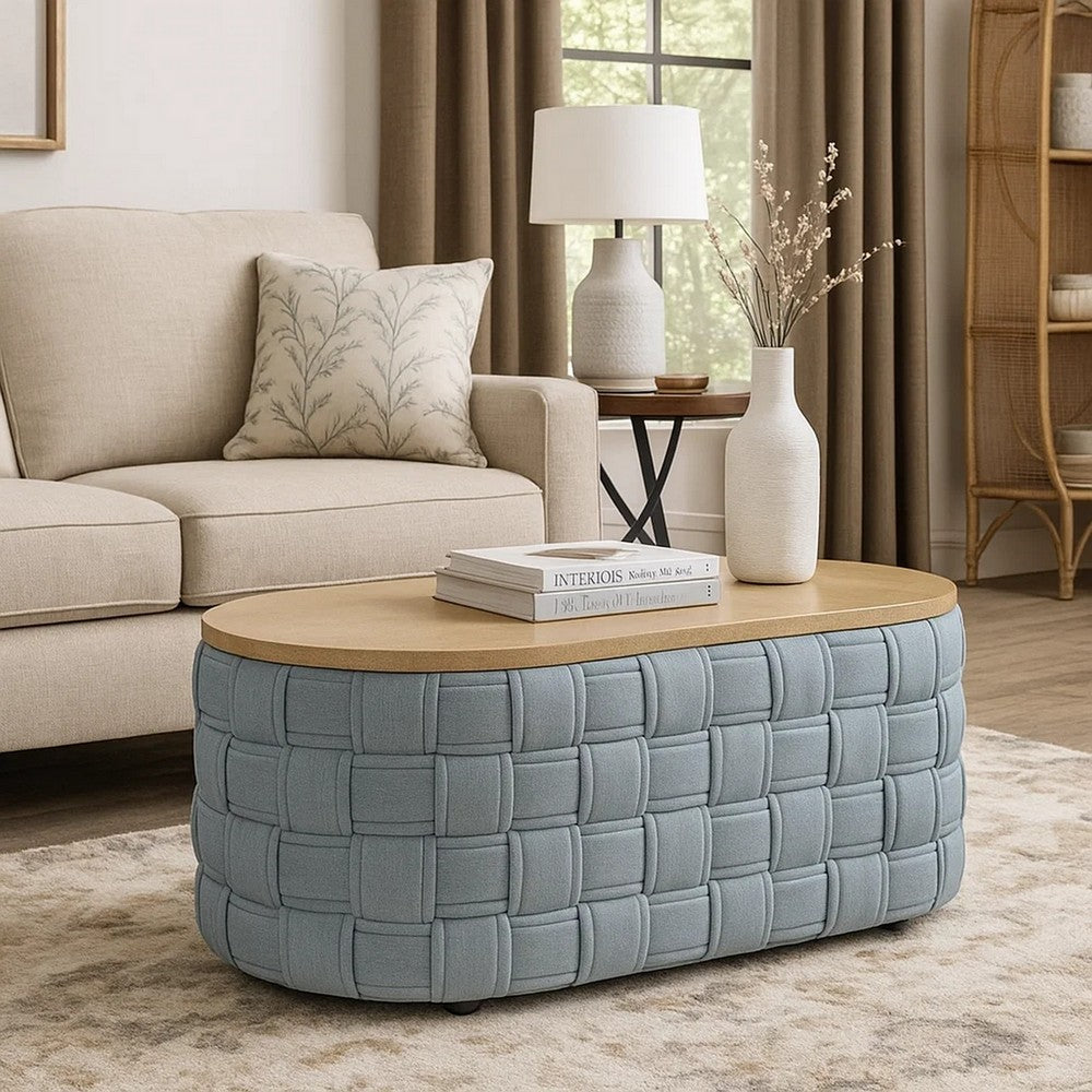 Reah Coffee Table, Knitted Light Blue Chenille Fabric, Brown Wood, 41"