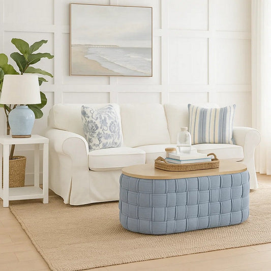 Reah Coffee Table, Knitted Light Blue Chenille Fabric, Brown Wood, 41"