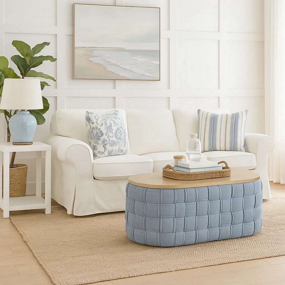 Reah Coffee Table, Knitted Light Blue Chenille Fabric, Brown Wood, 41"