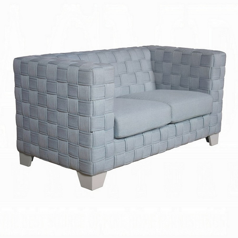 Reah Loveseat, Knitted Light Blue Chenille, White Wood Legs, 63"