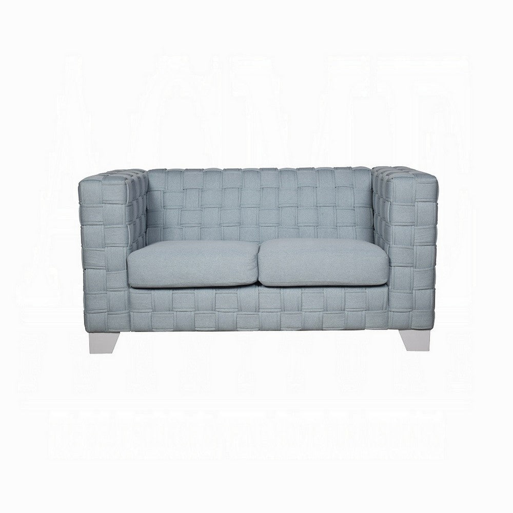 Reah Loveseat Knitted Light Blue Chenille White Wood Legs 63’’ BM324357