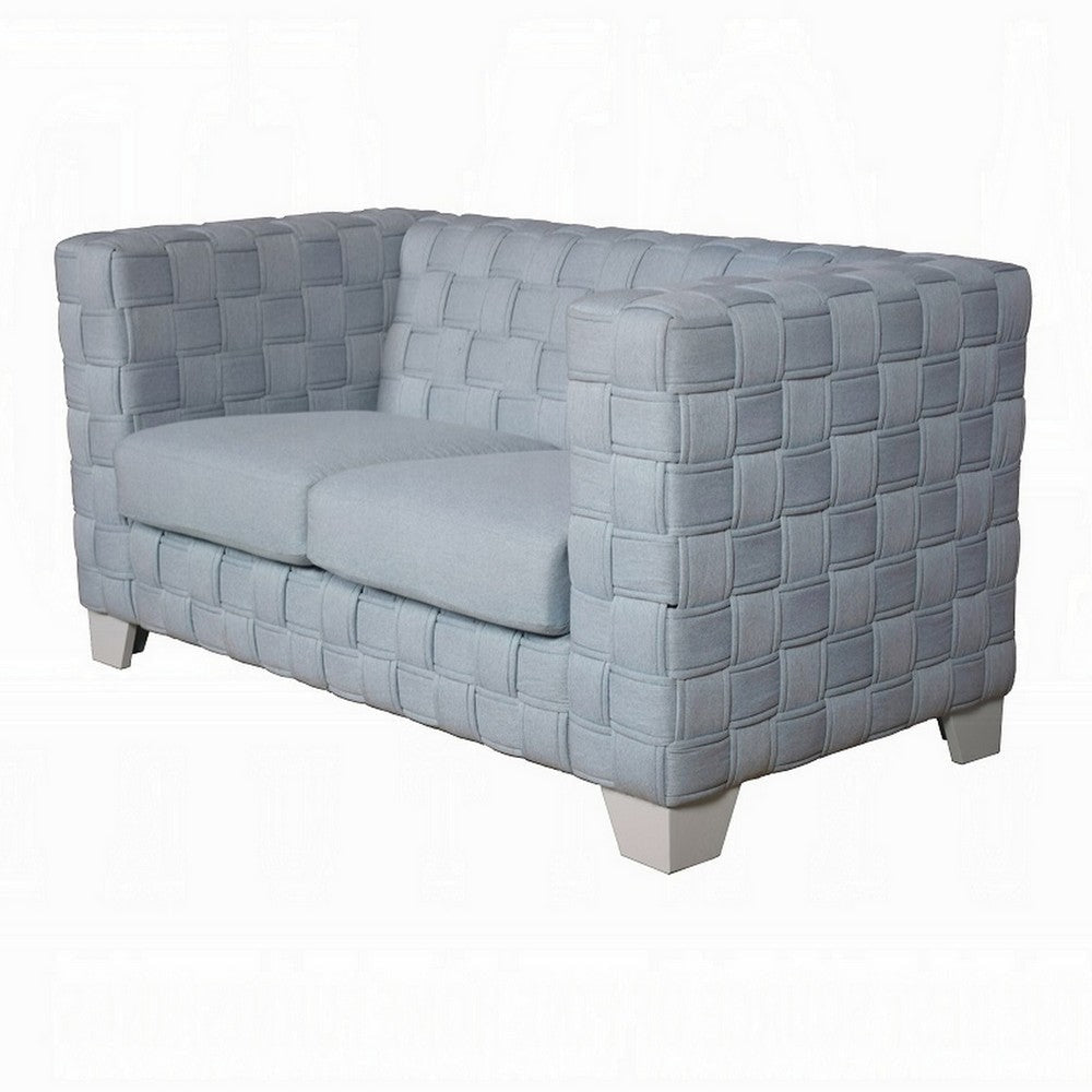 Reah Loveseat Knitted Light Blue Chenille White Wood Legs 63’’ BM324357