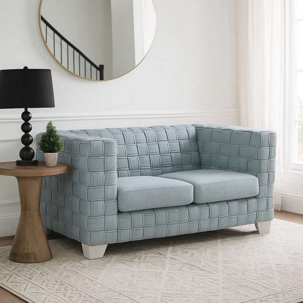 Reah Loveseat, Knitted Light Blue Chenille, White Wood Legs, 63"