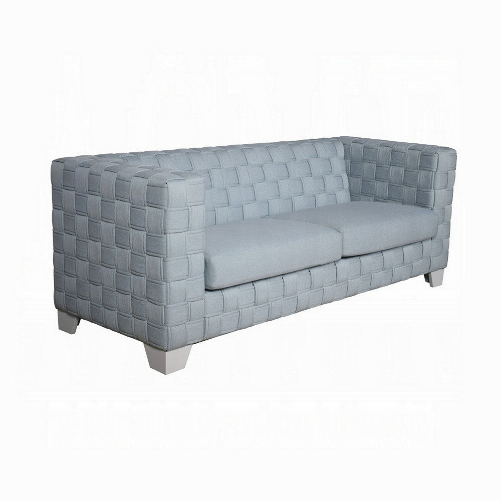 Reah Sofa, Knitted Light Blue Chenille, White Composite Wood, 85"