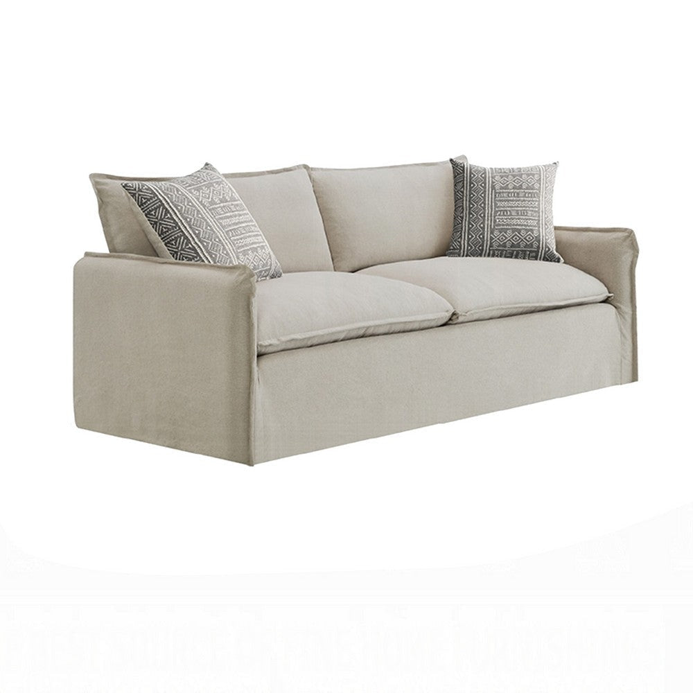 Savoir Sofa, 2 Accent Pillows, Contemporary Beige Linen Fabric, 84"