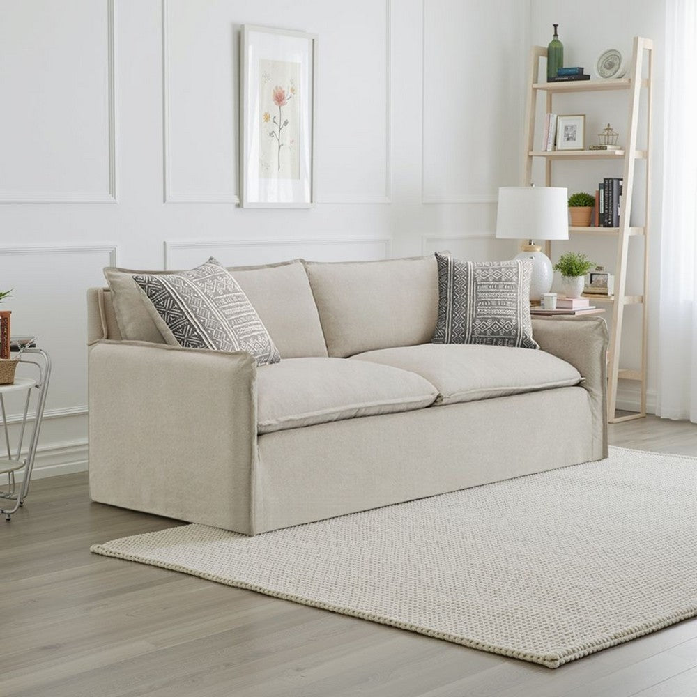 Savoir Sofa, 2 Accent Pillows, Contemporary Beige Linen Fabric, 84"