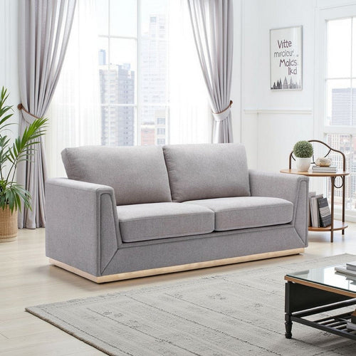 Sylvie Sofa, Gray Linen, Gold Metal Base, Modern Square Cushions 77"