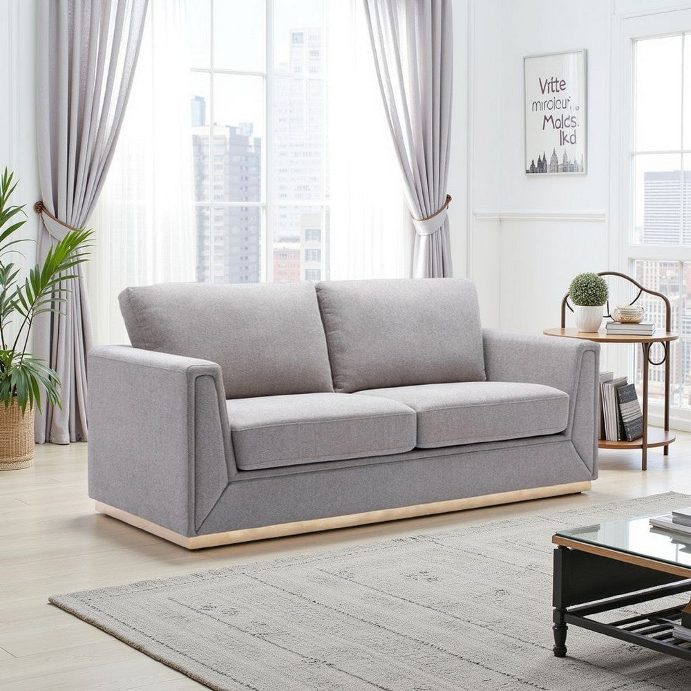 Sylvie Sofa, Gray Linen, Gold Metal Base, Modern Square Cushions 77"