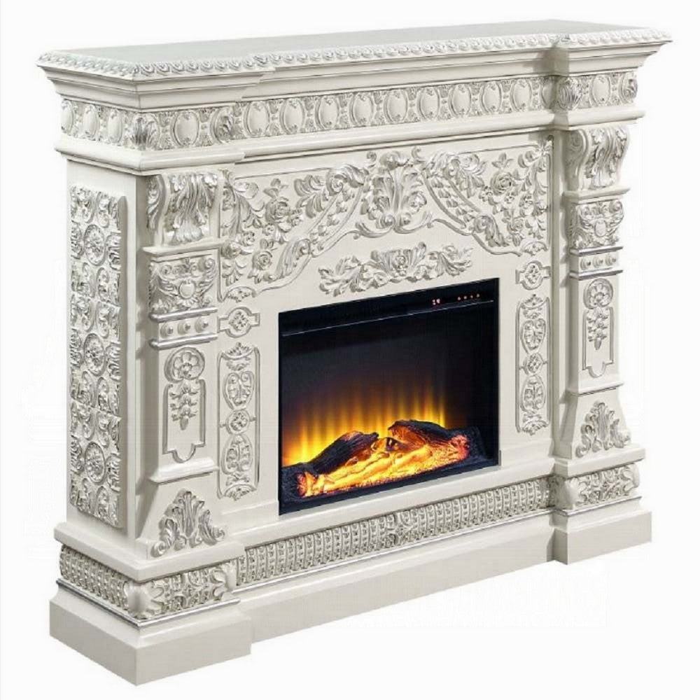 Kin LED Electric Fireplace, Classic Floral Carvings, Antique White 62"