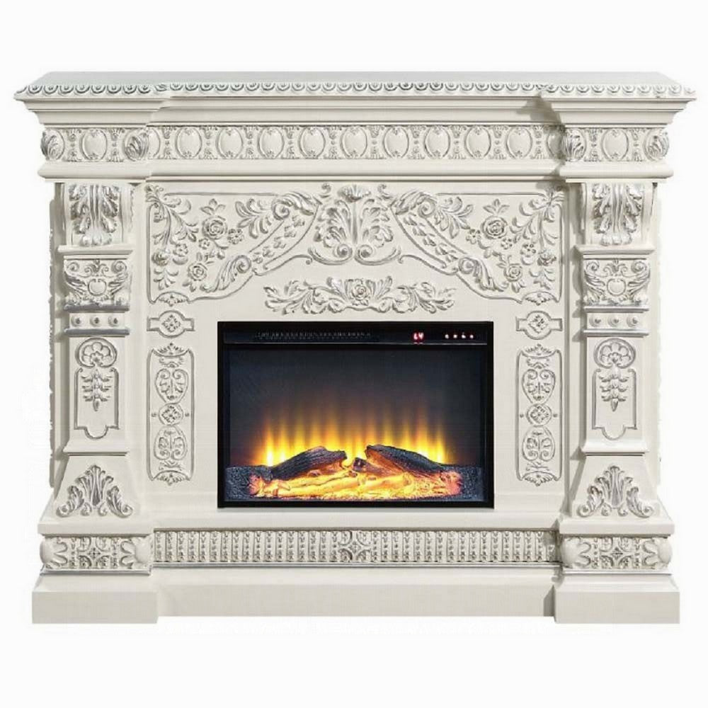 Kin LED Electric Fireplace Classic Floral Carvings Antique White 62’’ BM324366