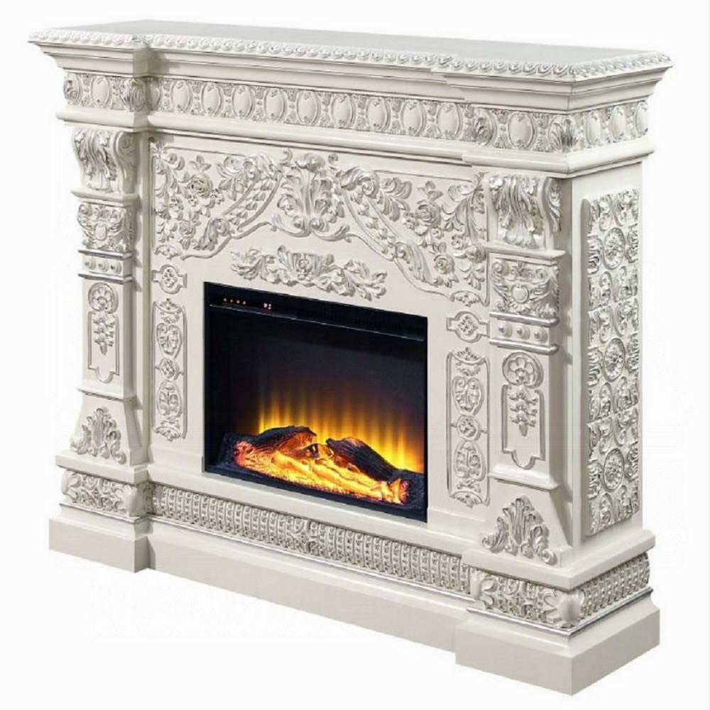 Kin LED Electric Fireplace Classic Floral Carvings Antique White 62’’ BM324366