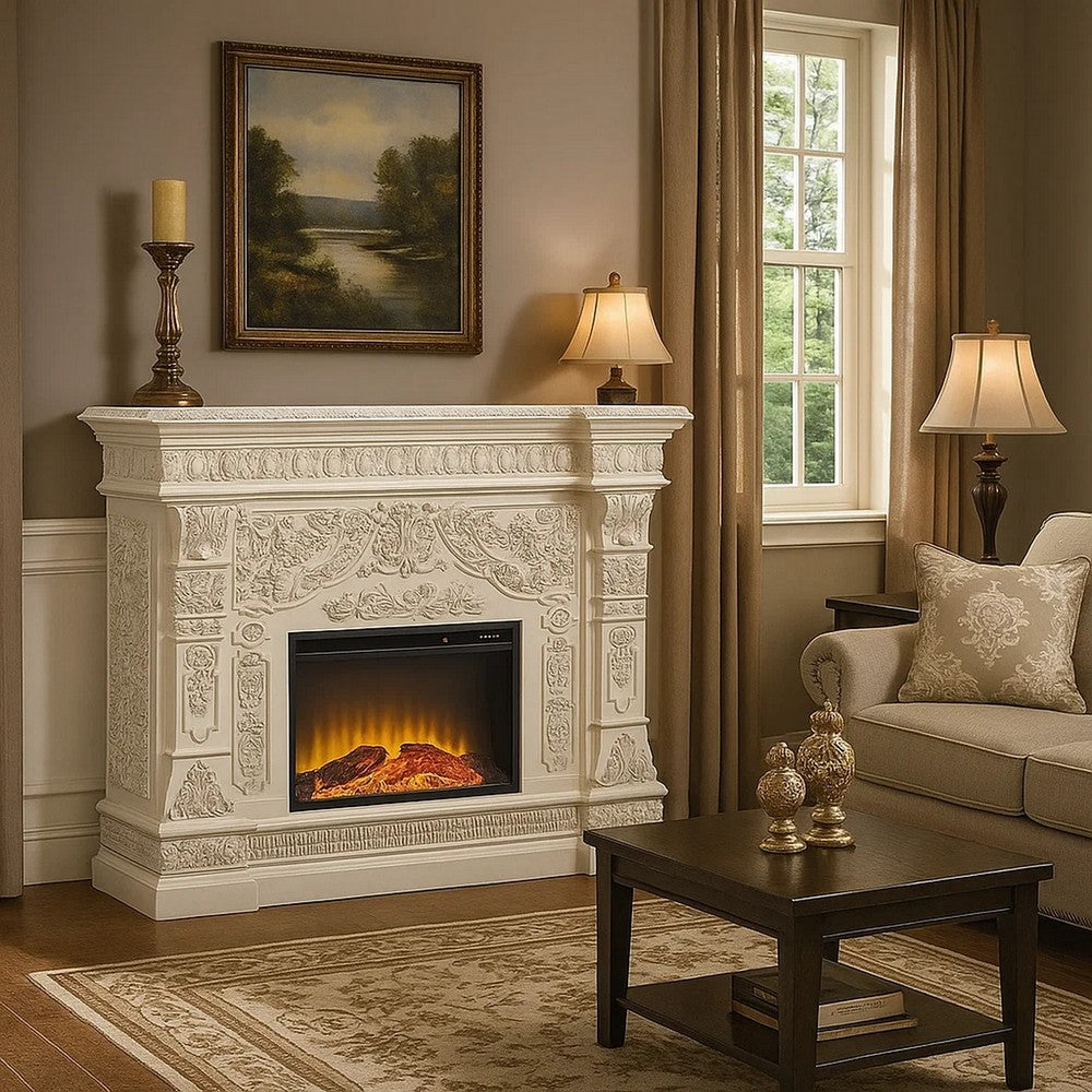 Kin LED Electric Fireplace, Classic Floral Carvings, Antique White 62"